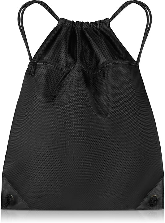 Sac de sport à cordon: fermeture zippée, résistant à l'eau, noir